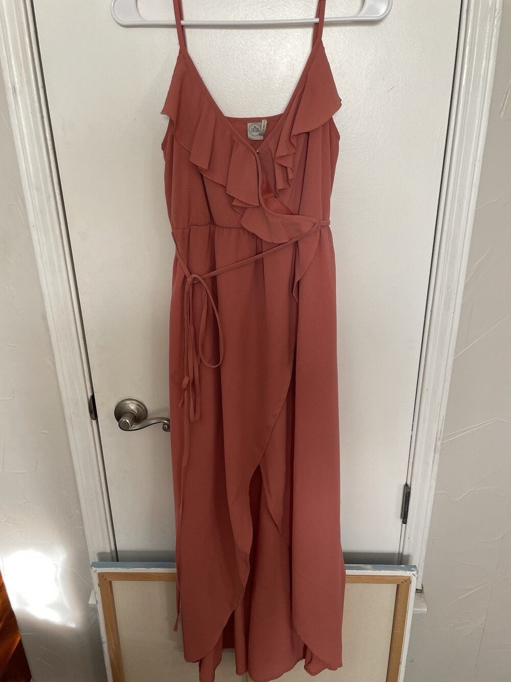 Paper Crane Hi Low Peach Coral Orange Wrap Dress M Medium Ruffle Long